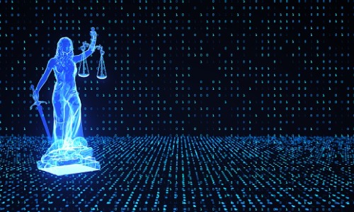 "digital lady justice amidst blue binary code"