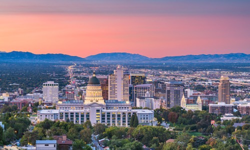 "downtown Salt Lake City, Utah, at sunset"