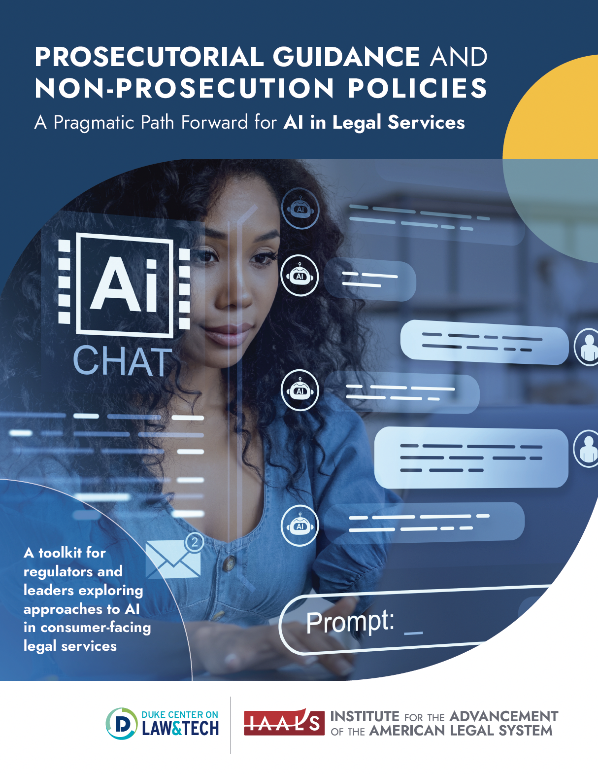 Report cover with title and image of woman using AI