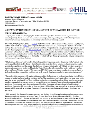 "image of press release announcing publication of US Justice Needs report"