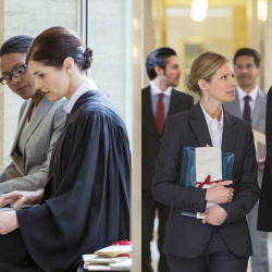 Judges collaborating with others in the courthouse.