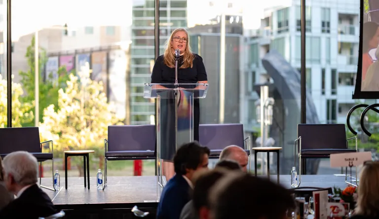 Brittany K.T. Kauffman speaking at the 2026 IAALS Rebuilding Justice Award Dinner