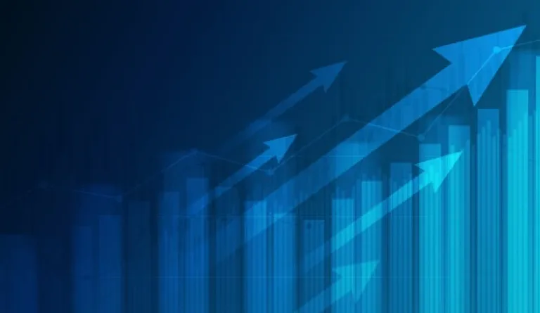 blue graph with uptrend line and arrows