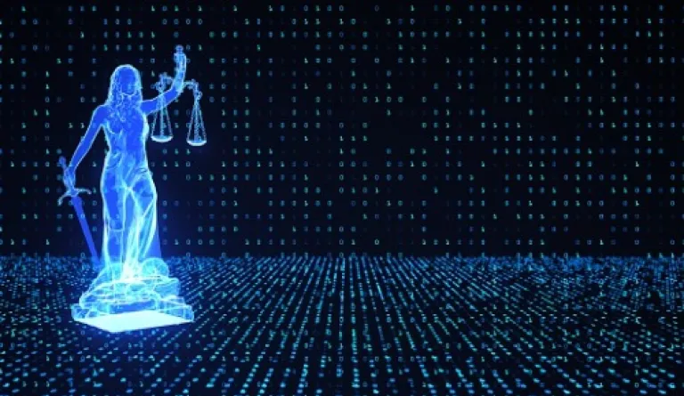 digital lady justice amidst blue binary code