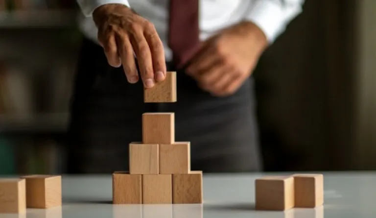 hand placing wooden blocks on top of one another