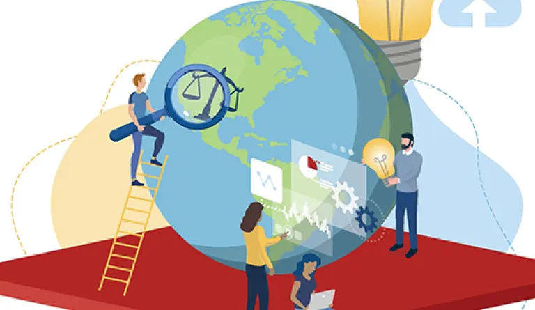 cartoon globe surrounded by people