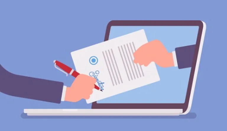 illustration of hand passing a document to another hand through a laptop