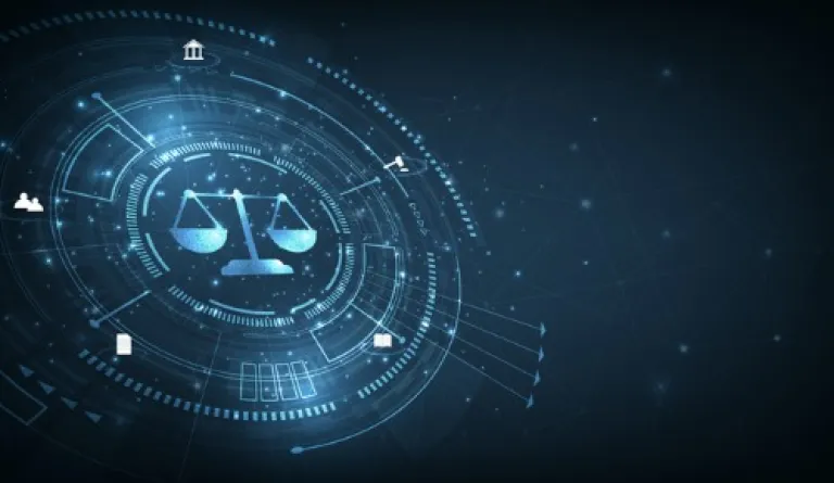 digital representation of scales of justice in a futuristic interface with glowing blue lines and digital elements on a dark background, symbolizing legal technology and cyber law