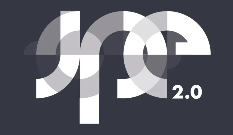 dark gray background with stylized JPE 2.0 text in white