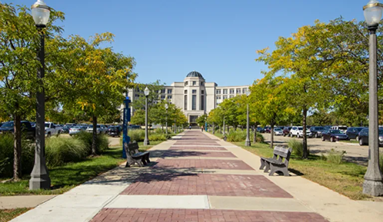 Michigan's Hall of Justice building on sunny day