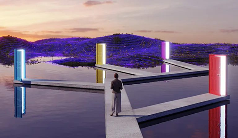 person contemplating pathways leading to four different doors