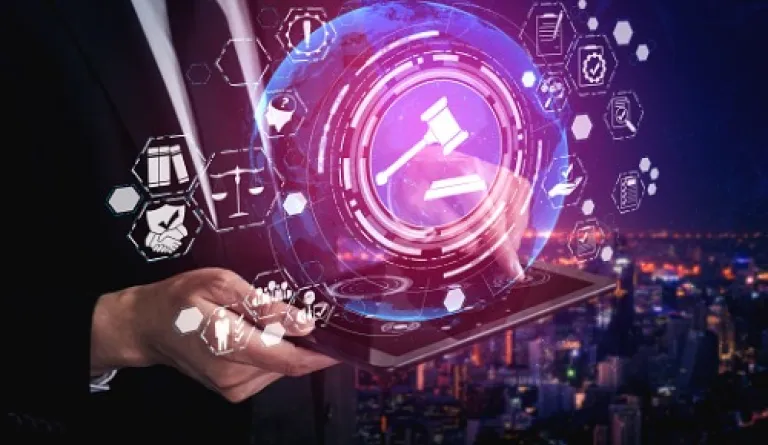 figure in suit holding a tablet with digital gavel on top