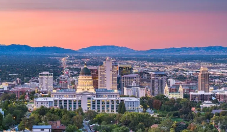 downtown Salt Lake City, Utah, at sunset