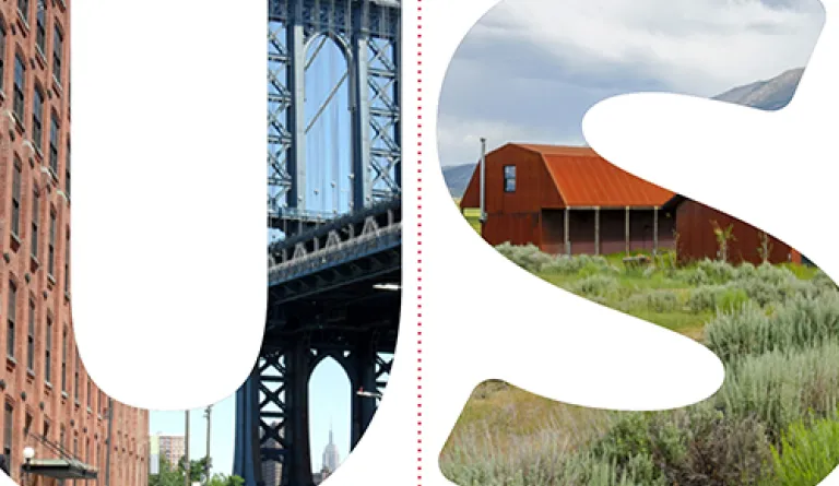 letter U with city inside and letter S with rural landscape inside