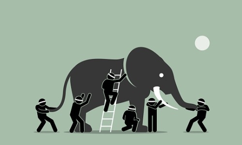 illustration of blindfolded people touching elephant