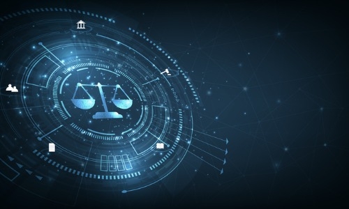 digital representation of scales of justice in a futuristic interface with glowing blue lines and digital elements on a dark background, symbolizing legal technology and cyber law