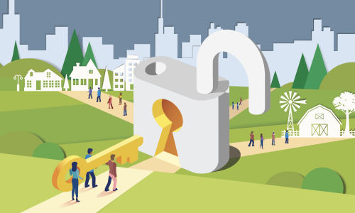 A report cover with people carrying a key and unlocking paths for legal workers