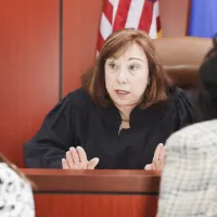A judge speaking to people in her courtroom