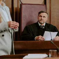 A judge sitting on the bench hearing a case