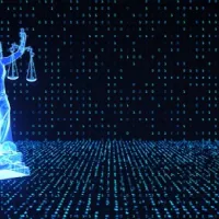 digital lady justice amidst blue binary code