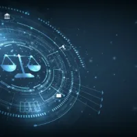 digital representation of scales of justice in a futuristic interface with glowing blue lines and digital elements on a dark background, symbolizing legal technology and cyber law