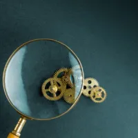 magnifying glass looking at small cogs