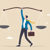 man balancing scales on tan background