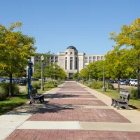 Michigan's Hall of Justice building on sunny day