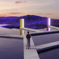 person contemplating pathways leading to four different doors