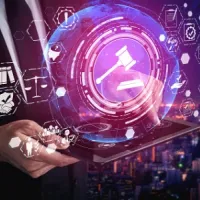 figure in suit holding a tablet with digital gavel on top