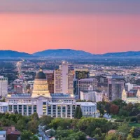 downtown Salt Lake City, Utah, at sunset