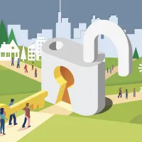 A report cover with people carrying a key and unlocking paths for legal workers