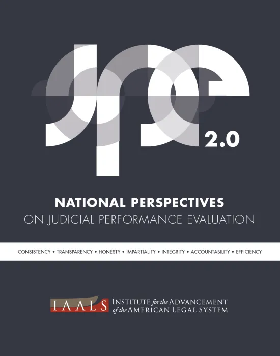 A report cover with dark gray background and stylized JPE 2.0 text in white, as well as the IAALS logo and report title