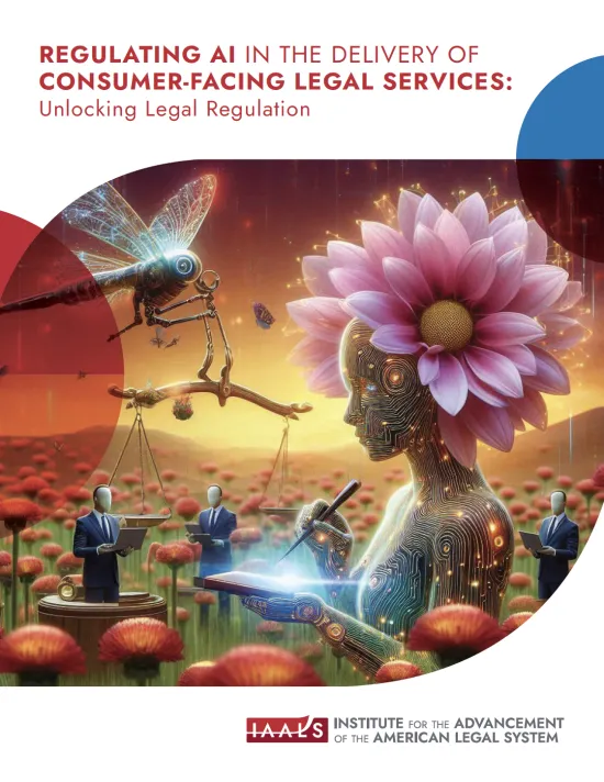 Report cover with AI created image with field of flowers and AI creations assisting with legal services