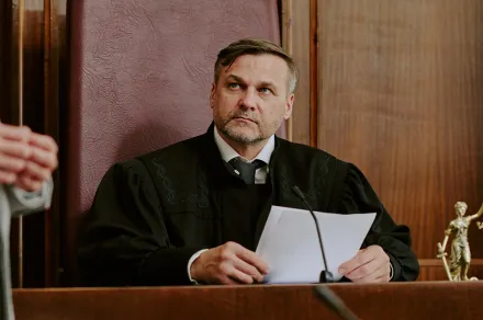 A judge sitting on the bench hearing a case