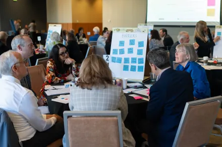 Multiple tables across a conference room work on solving problems at an IAALS judicial convening.