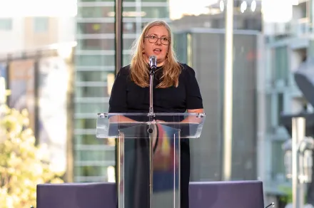 Brittany K.T. Kauffman speaking at the 2026 IAALS Rebuilding Justice Award Dinner