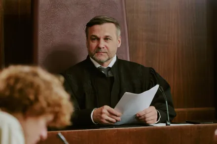 A judge listens to someone in the courtroom.