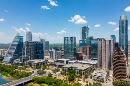 skyline of city on sunny day