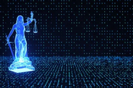 digital lady justice amidst blue binary code