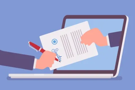 illustration of hand passing a document to another hand through a laptop