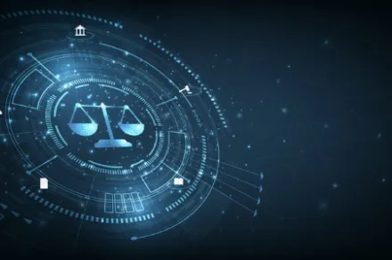 digital representation of scales of justice in a futuristic interface with glowing blue lines and digital elements on a dark background, symbolizing legal technology and cyber law