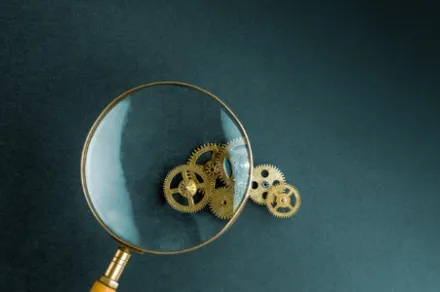 magnifying glass looking at small cogs