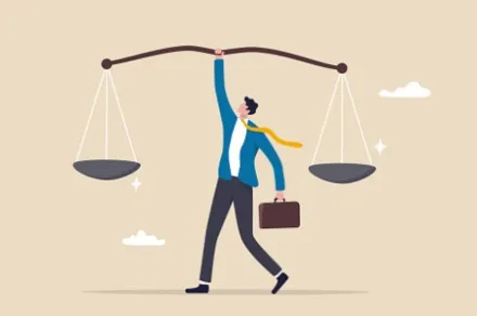 man balancing scales on tan background