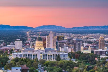 downtown Salt Lake City, Utah, at sunset