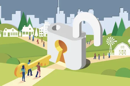 A report cover with people carrying a key and unlocking paths for legal workers