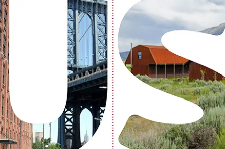 letter U with city inside and letter S with rural landscape inside